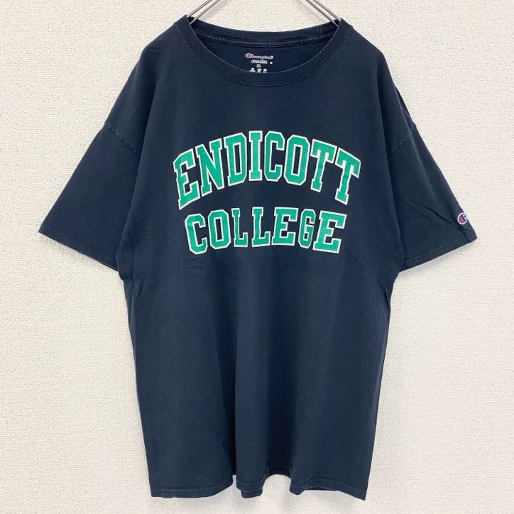 古着 used　champion チャンピオン　半袖カレッジプリントTシャツ　エンディコット大学　レトロ　ネイビー　XLサイズ