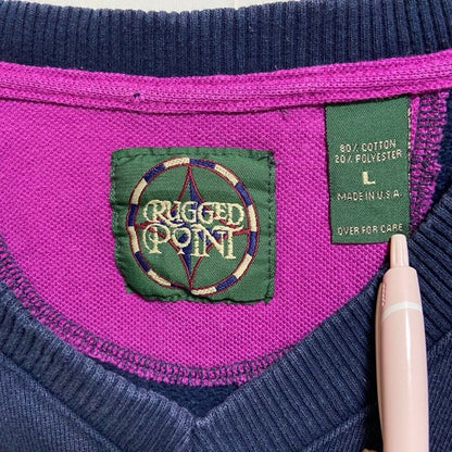 ～90s　RUGGEDPONIT　Vネックニットベスト　ワンポイント刺繍　森　ネイビー　紺　Lサイズ