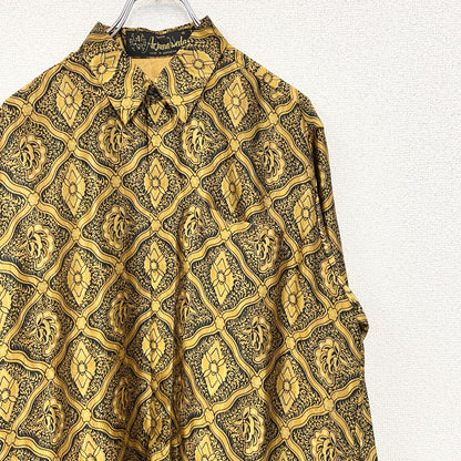 古着 used　Arjuna Weda　長袖プリント総柄シャツ　レトロデザイン　インドネシア製　光沢感　胸ポケット　Lサイズ　