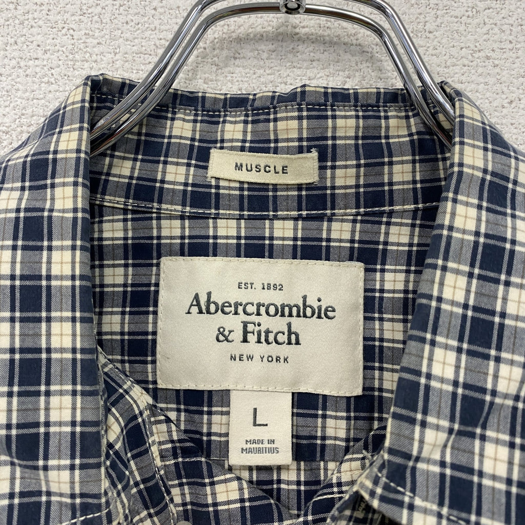 Abercrombie＆Fitch　アバクロンビー＆フィッチ　MUSCLE　長袖ボタンダウンシャツ　チェック柄　紺　ネイビー　Lサイズ