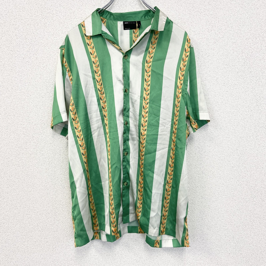 古着 used　CISOS DESIGN　半袖プリント総柄シャツ　レトロデザイン　胸ポケット　緑　白　バイカラー　Mサイズ　