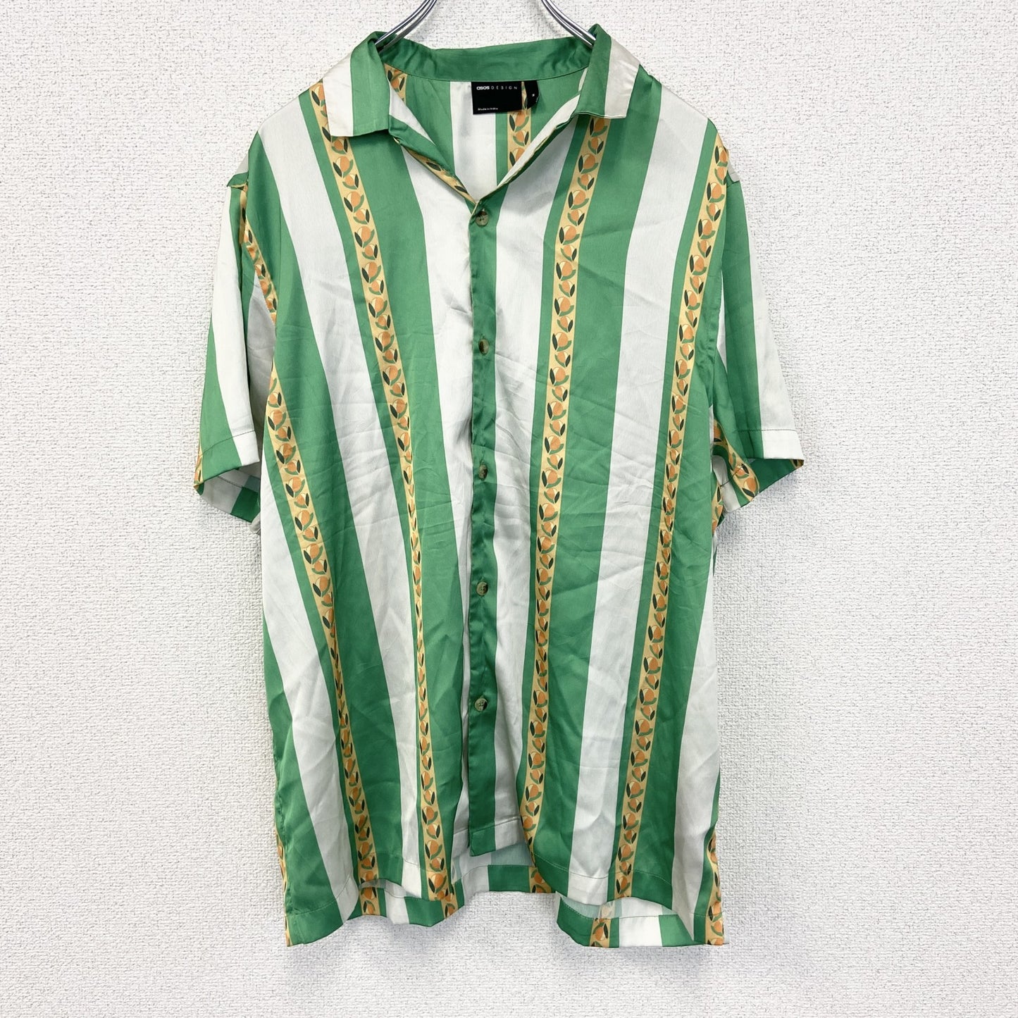 古着 used　CISOS DESIGN　半袖プリント総柄シャツ　レトロデザイン　胸ポケット　緑　白　バイカラー　Mサイズ　