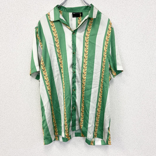 古着 used　CISOS DESIGN　半袖プリント総柄シャツ　レトロデザイン　胸ポケット　緑　白　バイカラー　Mサイズ　