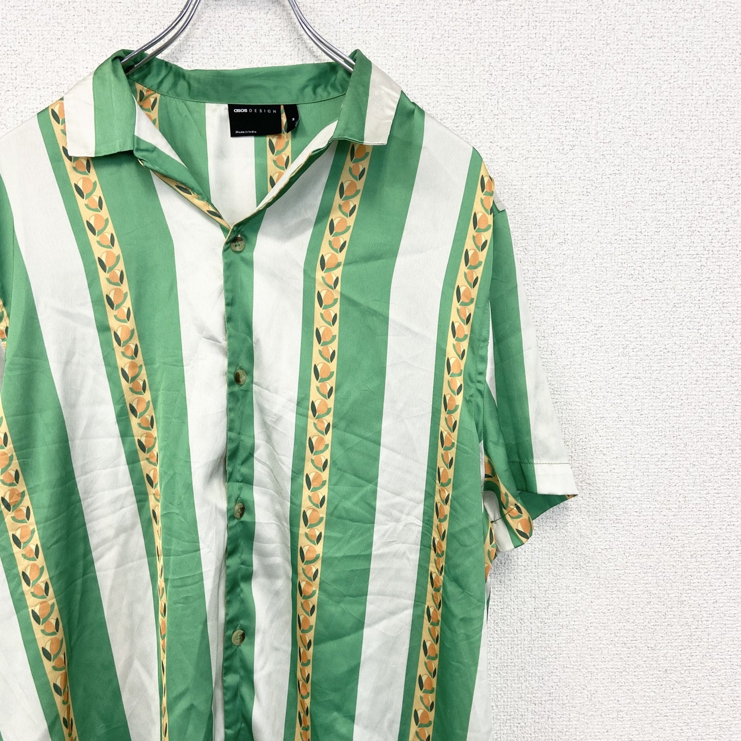 古着 used　CISOS DESIGN　半袖プリント総柄シャツ　レトロデザイン　胸ポケット　緑　白　バイカラー　Mサイズ　