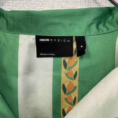 古着 used　CISOS DESIGN　半袖プリント総柄シャツ　レトロデザイン　胸ポケット　緑　白　バイカラー　Mサイズ　