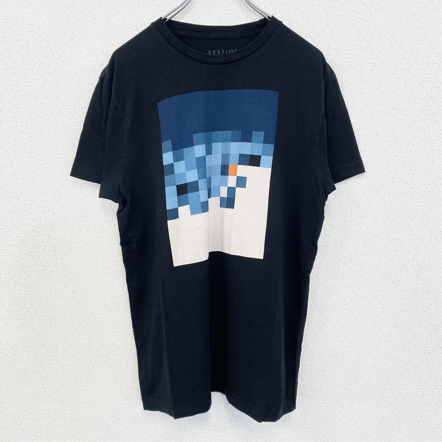古着 used　VESTIGE　半袖プリントTシャツ　ブロックデザイン　カジュアル　モザイク　レトロ　クルーネック　黒　Mサイズ