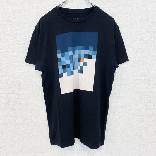 古着 used　VESTIGE　半袖プリントTシャツ　ブロックデザイン　カジュアル　モザイク　レトロ　クルーネック　黒　Mサイズ