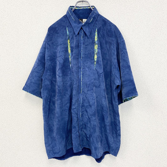 古着 used　LECHE　レーチェ　半袖デザインシャツ　個性的　カジュアル　花柄　スタンドカラー　レトロ　青　XLサイズ　