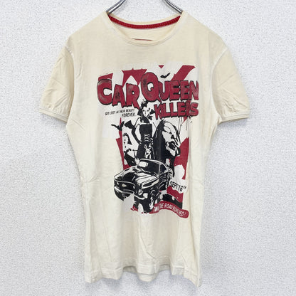 古着 used　Tazzio　半袖プリントTシャツ　CAR QUEEN KILLERS　レトロ風　クルーネック　ベージュ　Mサイズ