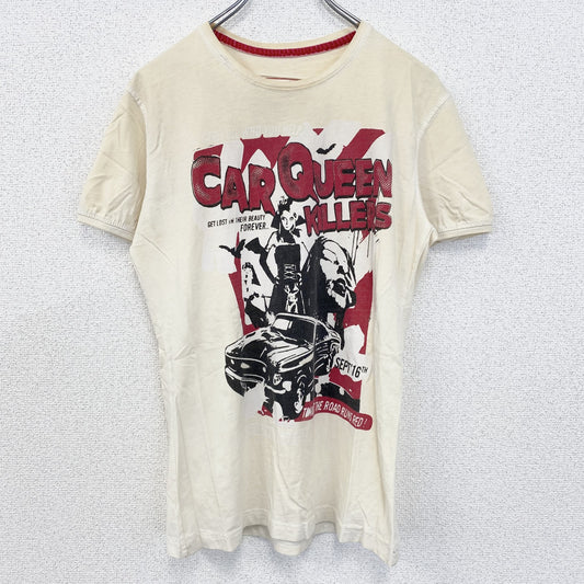 古着 used　Tazzio　半袖プリントTシャツ　CAR QUEEN KILLERS　レトロ風　クルーネック　ベージュ　Mサイズ