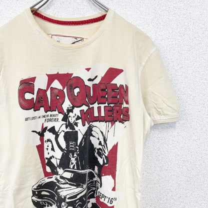 古着 used　Tazzio　半袖プリントTシャツ　CAR QUEEN KILLERS　レトロ風　クルーネック　ベージュ　Mサイズ