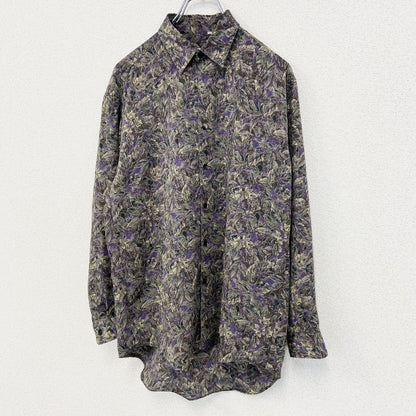 古着 used　新合繊　KARNAKS　長袖プリント総柄シャツ　花柄　レトロデザイン　個性的　サブカル　胸ポケット　紫　Mサイズ　