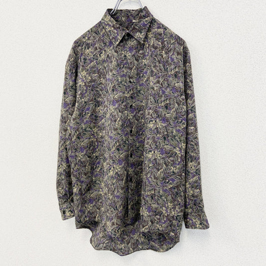 古着 used　新合繊　KARNAKS　長袖プリント総柄シャツ　花柄　レトロデザイン　個性的　サブカル　胸ポケット　紫　Mサイズ　