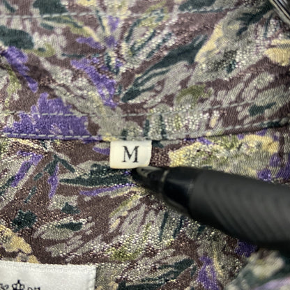 古着 used　新合繊　KARNAKS　長袖プリント総柄シャツ　花柄　レトロデザイン　個性的　サブカル　胸ポケット　紫　Mサイズ　
