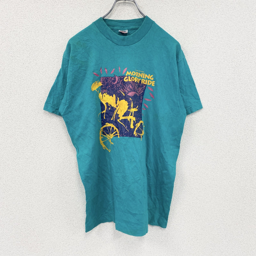 90s　FRUIT OF THE LOOM　フルーツオブザルーム　半袖プリントTシャツ　シングルステッチ　水色　ライトブルー　Mサイズ