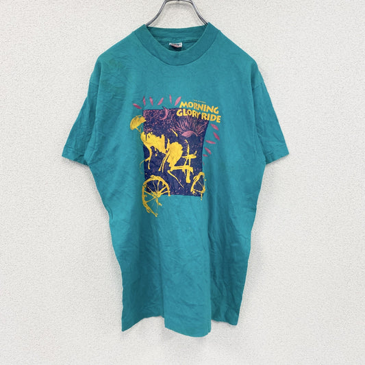 90s　FRUIT OF THE LOOM　フルーツオブザルーム　半袖プリントTシャツ　シングルステッチ　水色　ライトブルー　Mサイズ