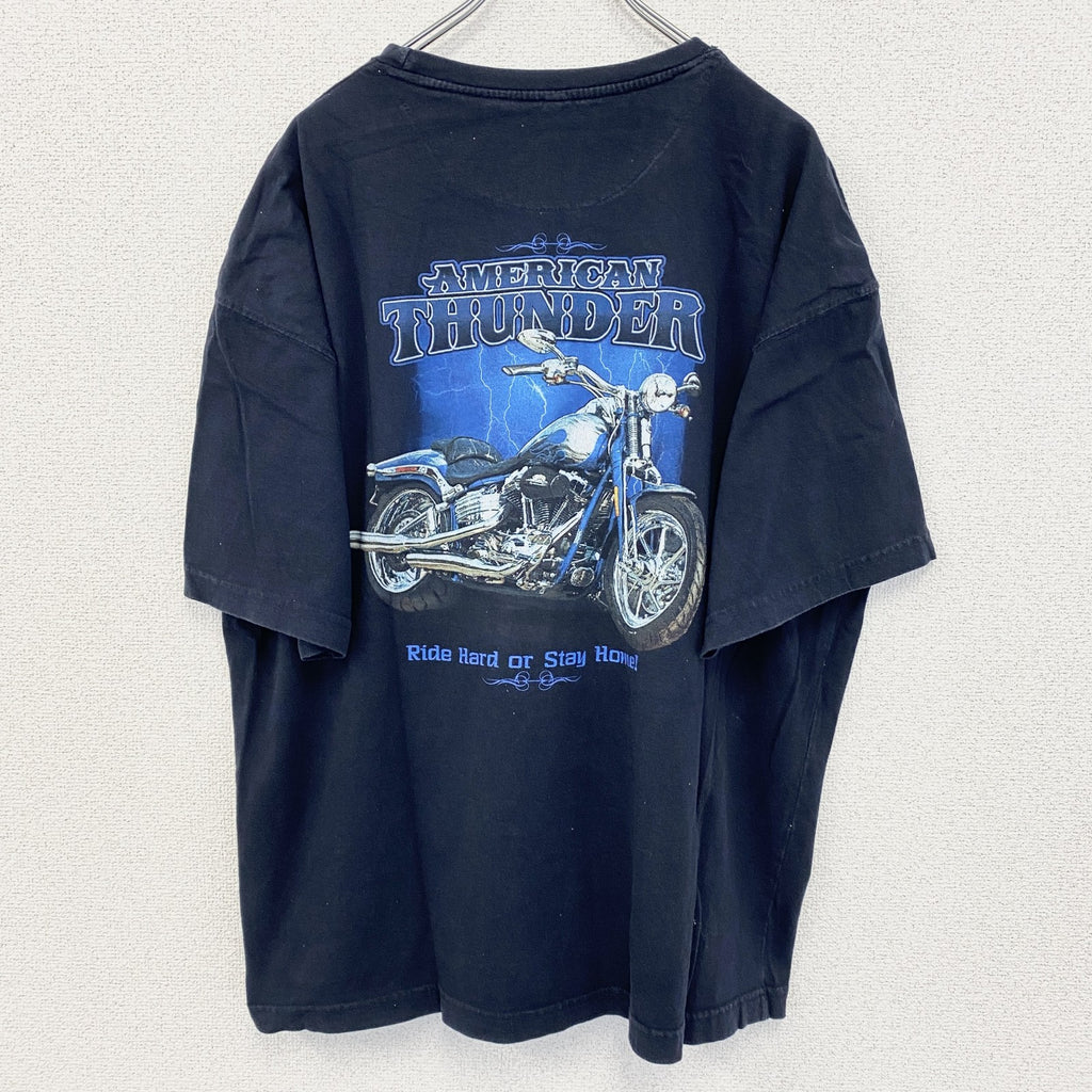 古着 used　newpor blue　半袖プリントTシャツ　ハーレー　バイク　AMERICAN THUNDER　黒　XXLサイズ