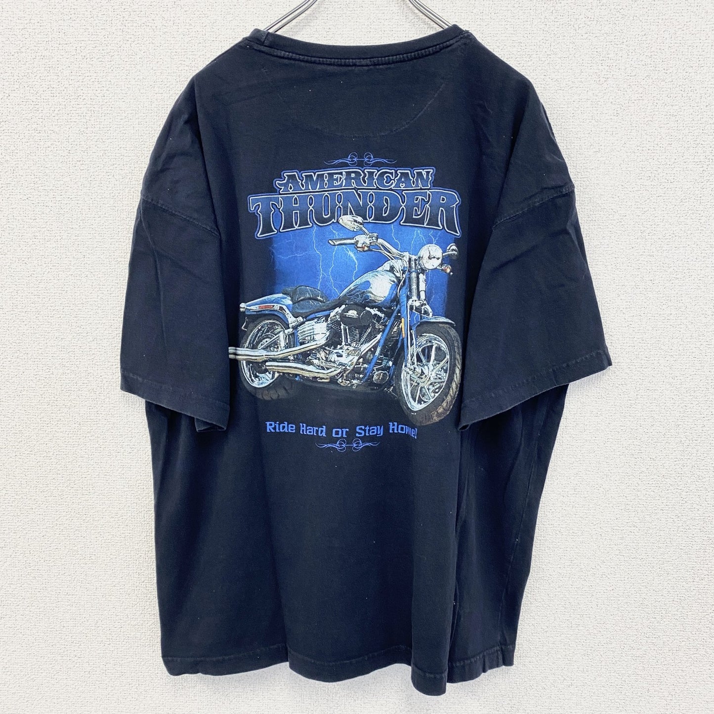 古着 used　newpor blue　半袖プリントTシャツ　ハーレー　バイク　AMERICAN THUNDER　黒　XXLサイズ