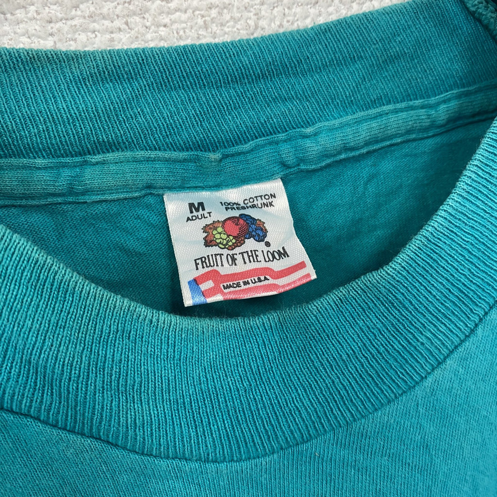 90s　FRUIT OF THE LOOM　フルーツオブザルーム　半袖プリントTシャツ　シングルステッチ　水色　ライトブルー　Mサイズ