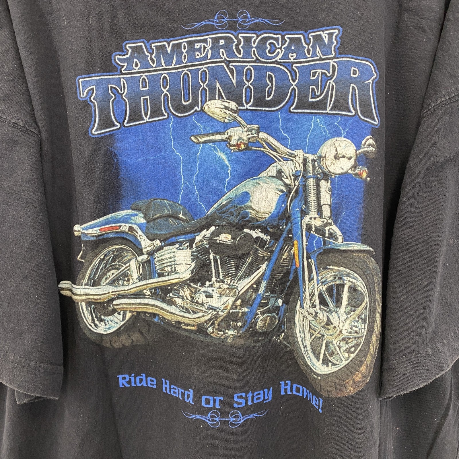 古着 used　newpor blue　半袖プリントTシャツ　ハーレー　バイク　AMERICAN THUNDER　黒　XXLサイズ