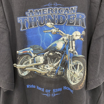 古着 used　newpor blue　半袖プリントTシャツ　ハーレー　バイク　AMERICAN THUNDER　黒　XXLサイズ
