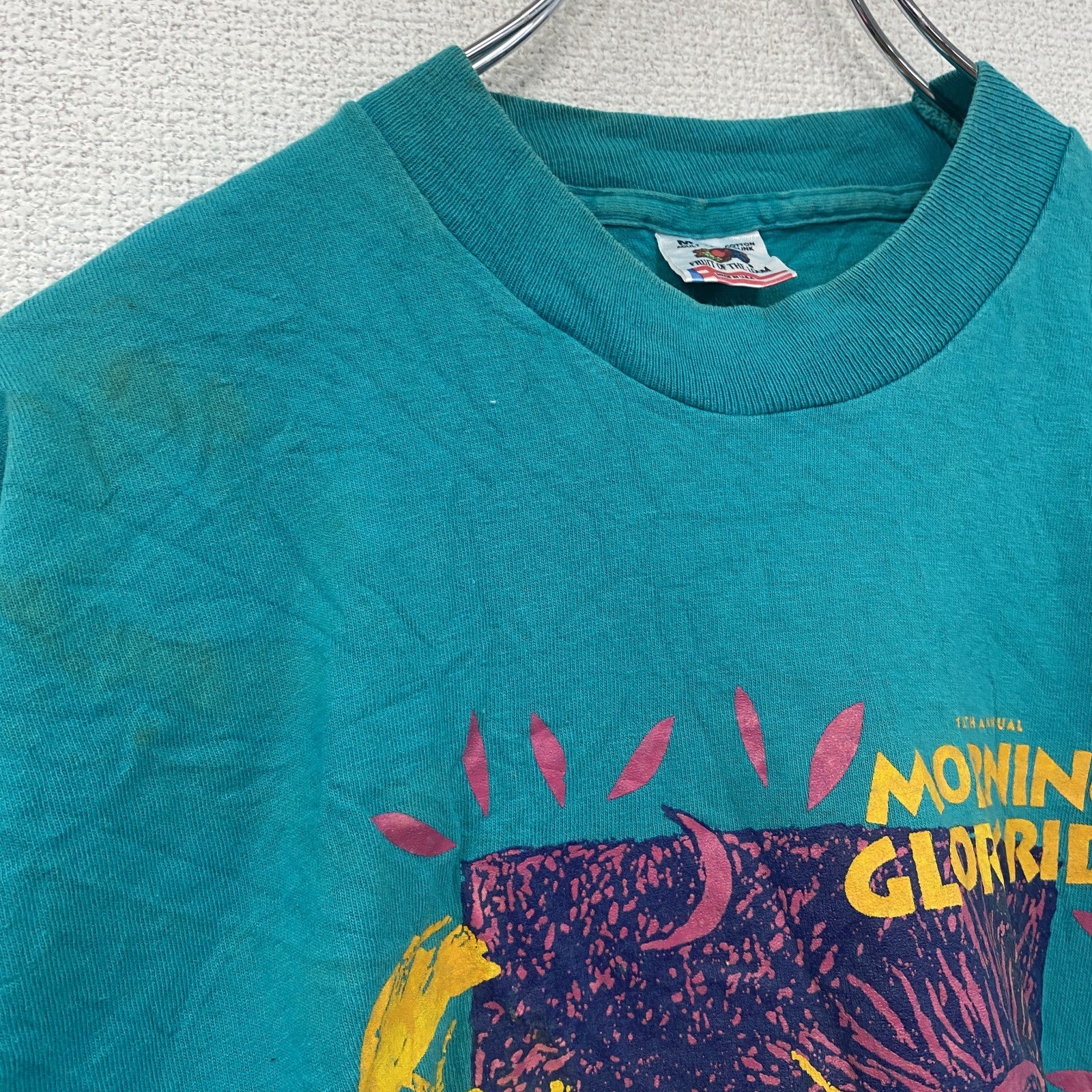 90s　FRUIT OF THE LOOM　フルーツオブザルーム　半袖プリントTシャツ　シングルステッチ　水色　ライトブルー　Mサイズ