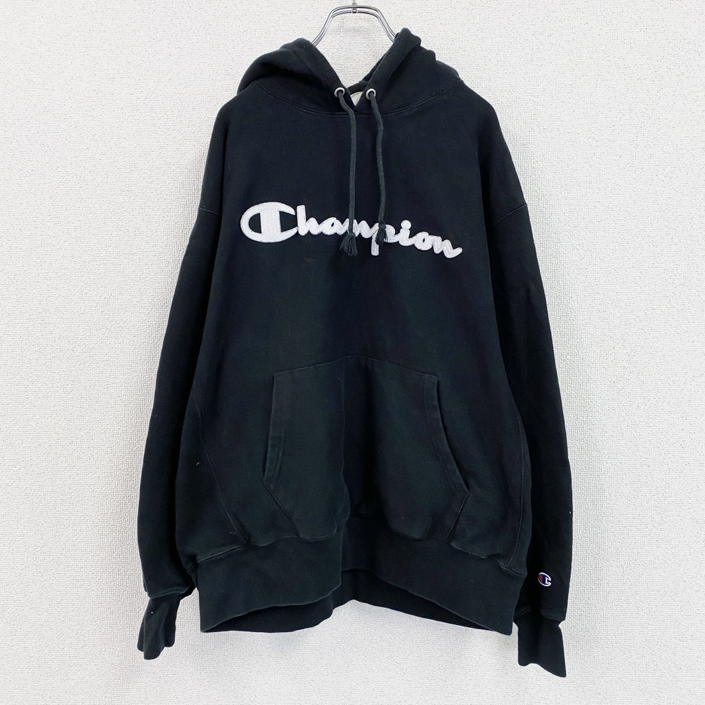Champion　チャンピオン　リバースウィーブ　スウェットパーカー/フーディー　デカロゴ　黒　ブラック　XLサイズ