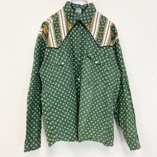 古着 used　長袖プリント総柄シャツ　レトロデザイン　胸ポケット　ウエスタン　カントリー　緑　グリーン　イエロー