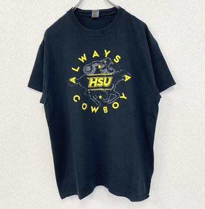 古着 used　GILDAN ギルダン　半袖プリントTシャツ　カウボーイ　馬　クルーネック　春夏服　レトロ　黒　ブラック　Lサイズ