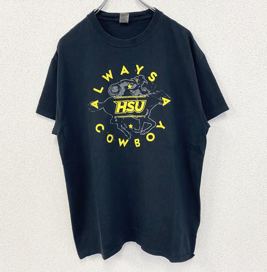 古着 used　GILDAN ギルダン　半袖プリントTシャツ　カウボーイ　馬　クルーネック　春夏服　レトロ　黒　ブラック　Lサイズ
