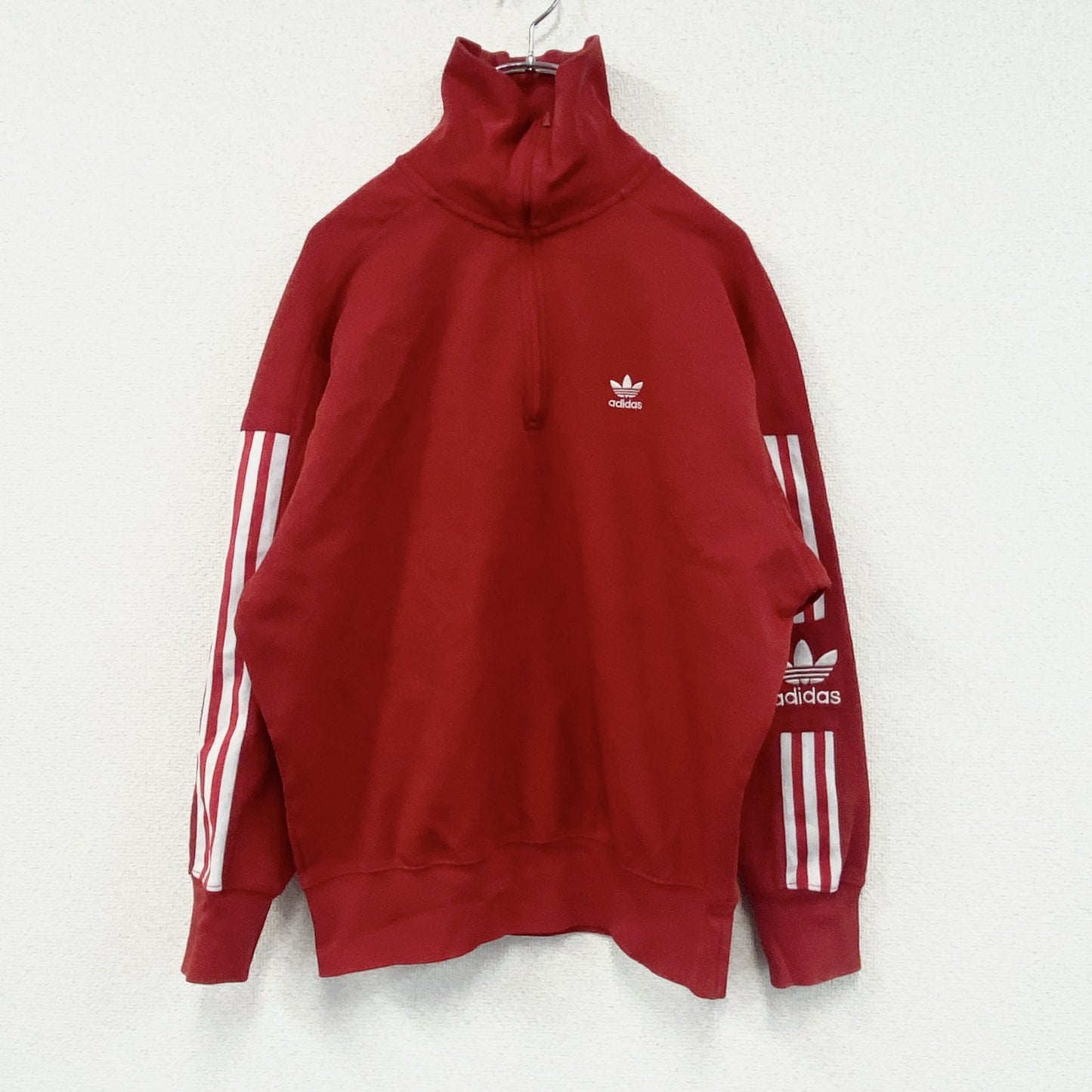 adidas　アディダス　ハーフジップスウェット/トレーナー　トレフォイルロゴ　スリーストライプス　赤　レッド　38