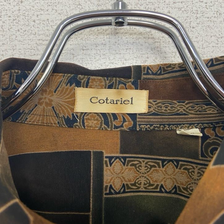 古着 used　Cotariel　長袖プリント総柄シャツ　レトロデザイン　胸ポケット　アート　モダン　ブラウン　茶　Lサイズ