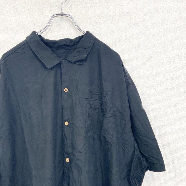 古着 used　Tommy Bahama　トミーバハマ　半袖プリント総柄シャツ　胸ポケット　アロハ　瓶　刺繍　黒　ブラック　