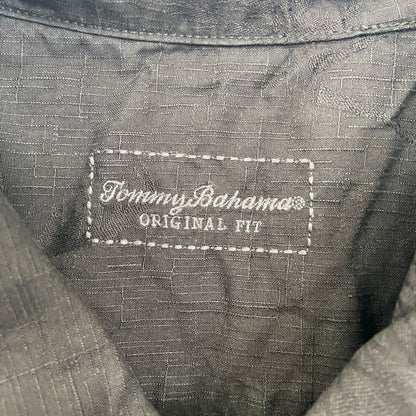 古着 used　Tommy Bahama　トミーバハマ　半袖プリント総柄シャツ　胸ポケット　アロハ　瓶　刺繍　黒　ブラック　