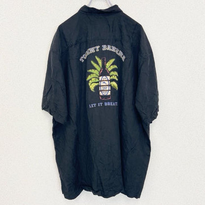 古着 used　Tommy Bahama　トミーバハマ　半袖プリント総柄シャツ　胸ポケット　アロハ　瓶　刺繍　黒　ブラック　