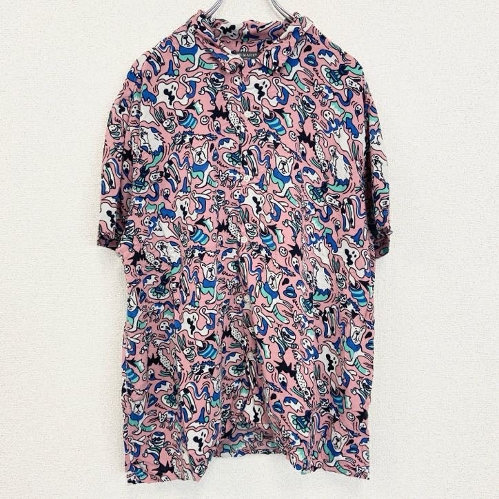 古着 used　PRIMARK　半袖プリント総柄シャツ　レトロデザイン　アロハ　お化け　ゴースト　アニマル　ピンク　XLサイズ