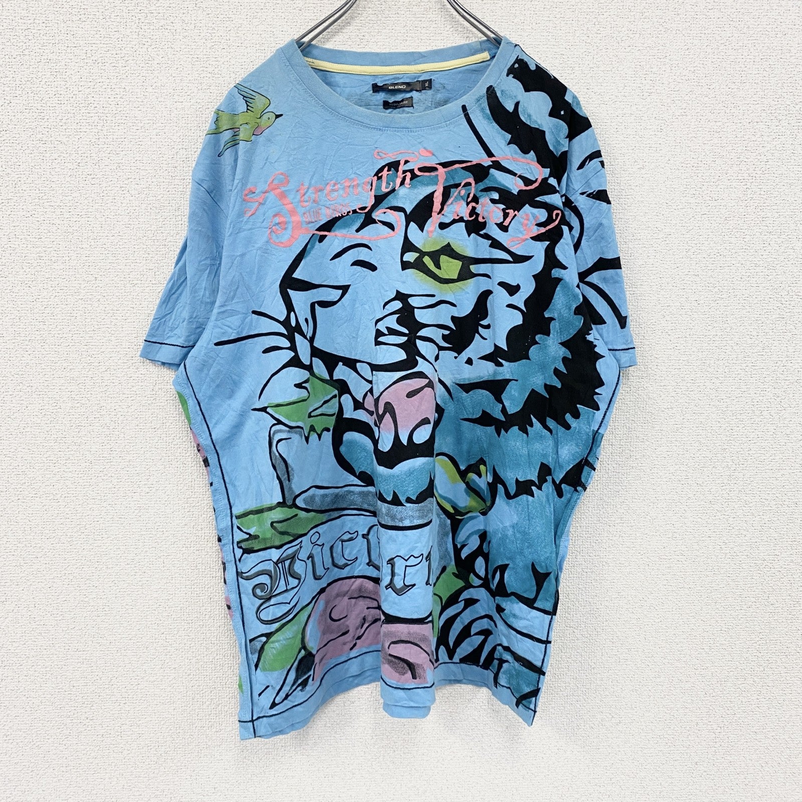 BLEND　半袖プリントアニマルTシャツ　シングルステッチ　EdHardy風　虎　水色　ライトブルー　XLサイズ