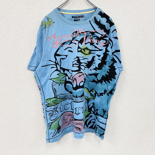 BLEND　半袖プリントアニマルTシャツ　シングルステッチ　EdHardy風　虎　水色　ライトブルー　XLサイズ