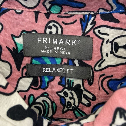 古着 used　PRIMARK　半袖プリント総柄シャツ　レトロデザイン　アロハ　お化け　ゴースト　アニマル　ピンク　XLサイズ