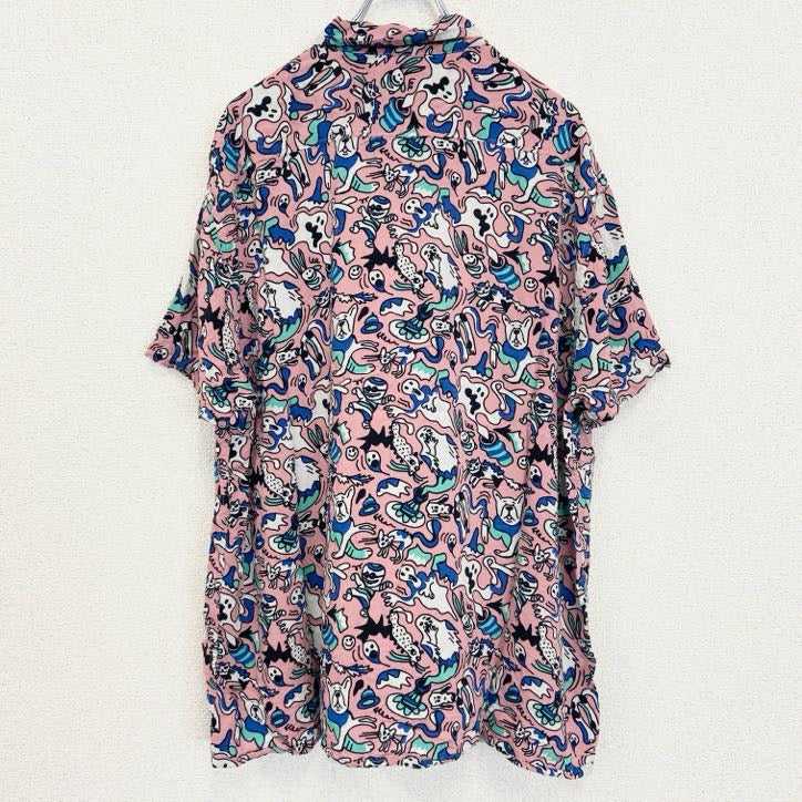 古着 used　PRIMARK　半袖プリント総柄シャツ　レトロデザイン　アロハ　お化け　ゴースト　アニマル　ピンク　XLサイズ