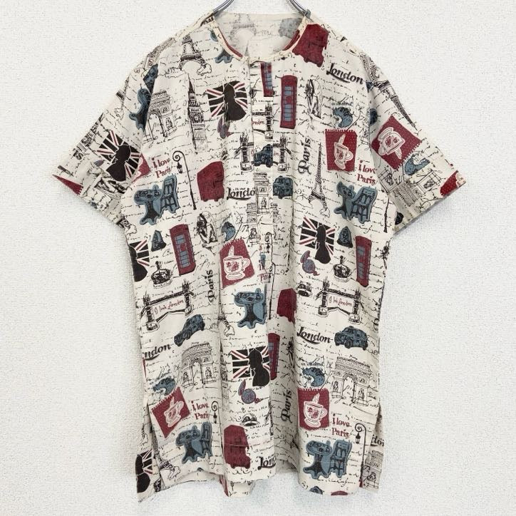 古着 used　半袖プリント総柄シャツ　レトロデザイン　イギリス　ロンドン　ビックベン　フランス　パリ　エッフェル塔　ベージュ　