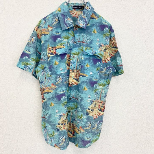 古着 used　半袖プリント総柄シャツ　レトロデザイン　アロハ　ビーチ　ハワイアン　海　サンサーフ　青　ブルー　Mサイズ