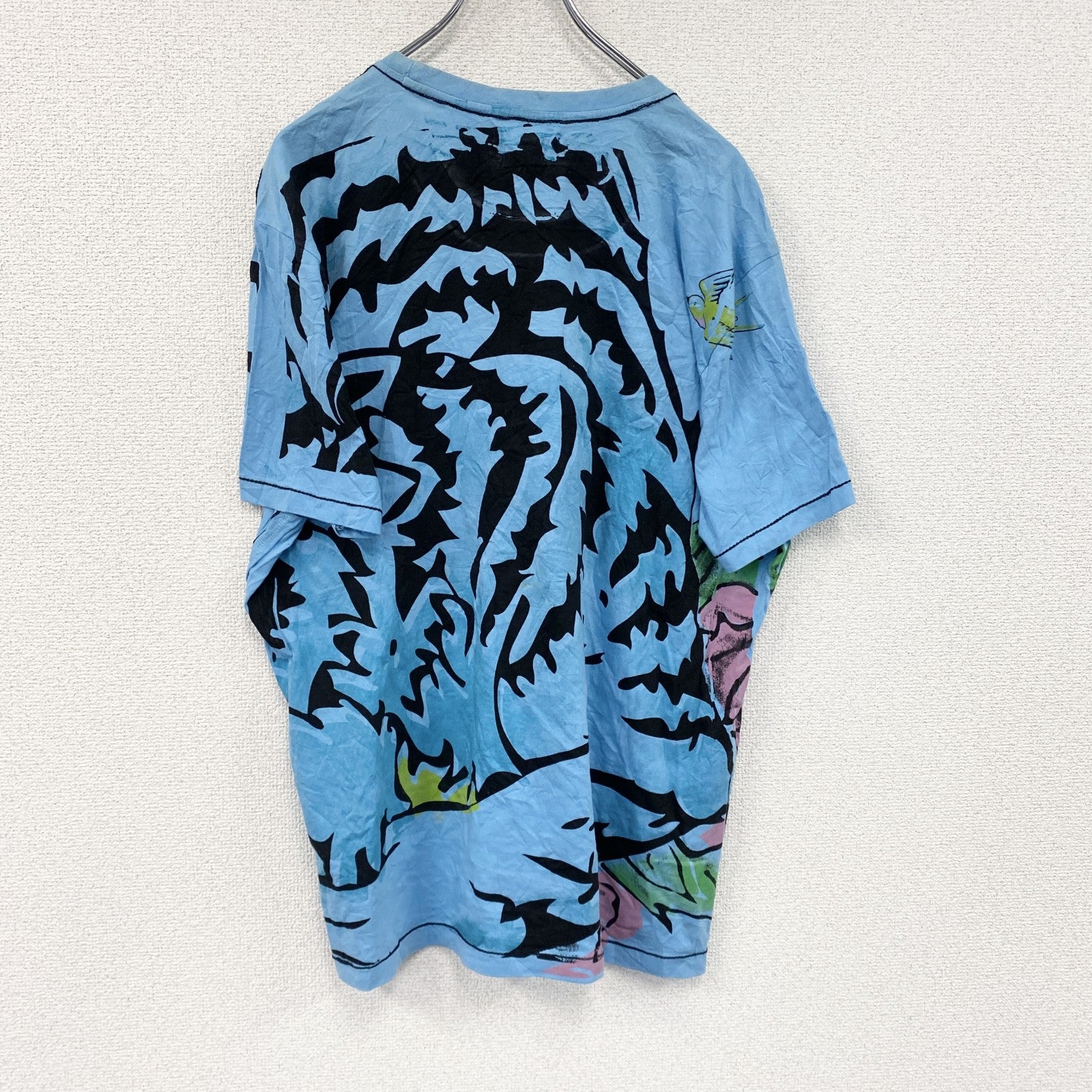 BLEND　半袖プリントアニマルTシャツ　シングルステッチ　EdHardy風　虎　水色　ライトブルー　XLサイズ