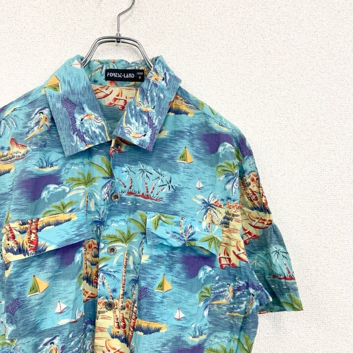 古着 used　半袖プリント総柄シャツ　レトロデザイン　アロハ　ビーチ　ハワイアン　海　サンサーフ　青　ブルー　Mサイズ