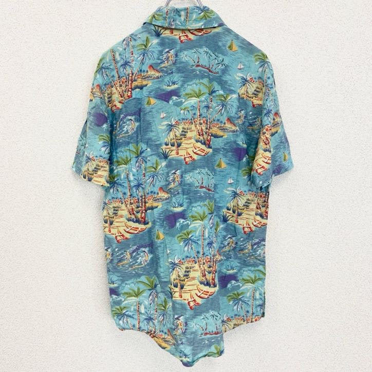 古着 used　半袖プリント総柄シャツ　レトロデザイン　アロハ　ビーチ　ハワイアン　海　サンサーフ　青　ブルー　Mサイズ