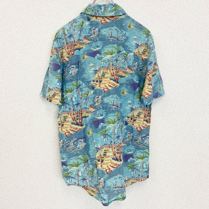 古着 used　半袖プリント総柄シャツ　レトロデザイン　アロハ　ビーチ　ハワイアン　海　サンサーフ　青　ブルー　Mサイズ