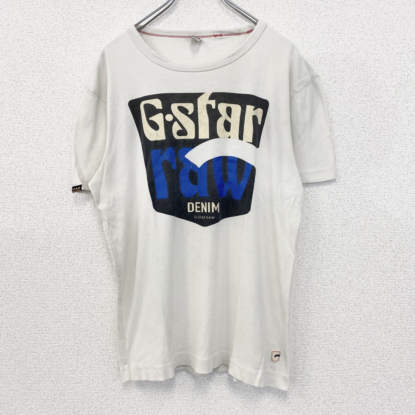 古着 used　G-STAR ROW　半袖ビッグロゴプリントTシャツ　クルーネック　春夏服　白　カジュアルデザイン　Lサイズ
