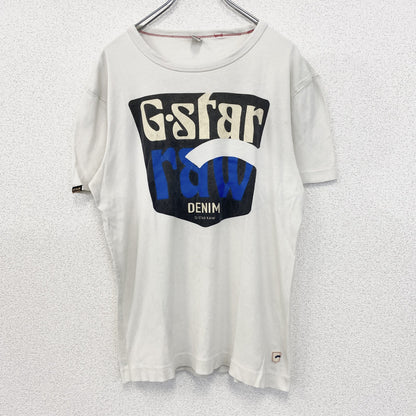 古着 used　G-STAR ROW　半袖ビッグロゴプリントTシャツ　クルーネック　春夏服　白　カジュアルデザイン　Lサイズ