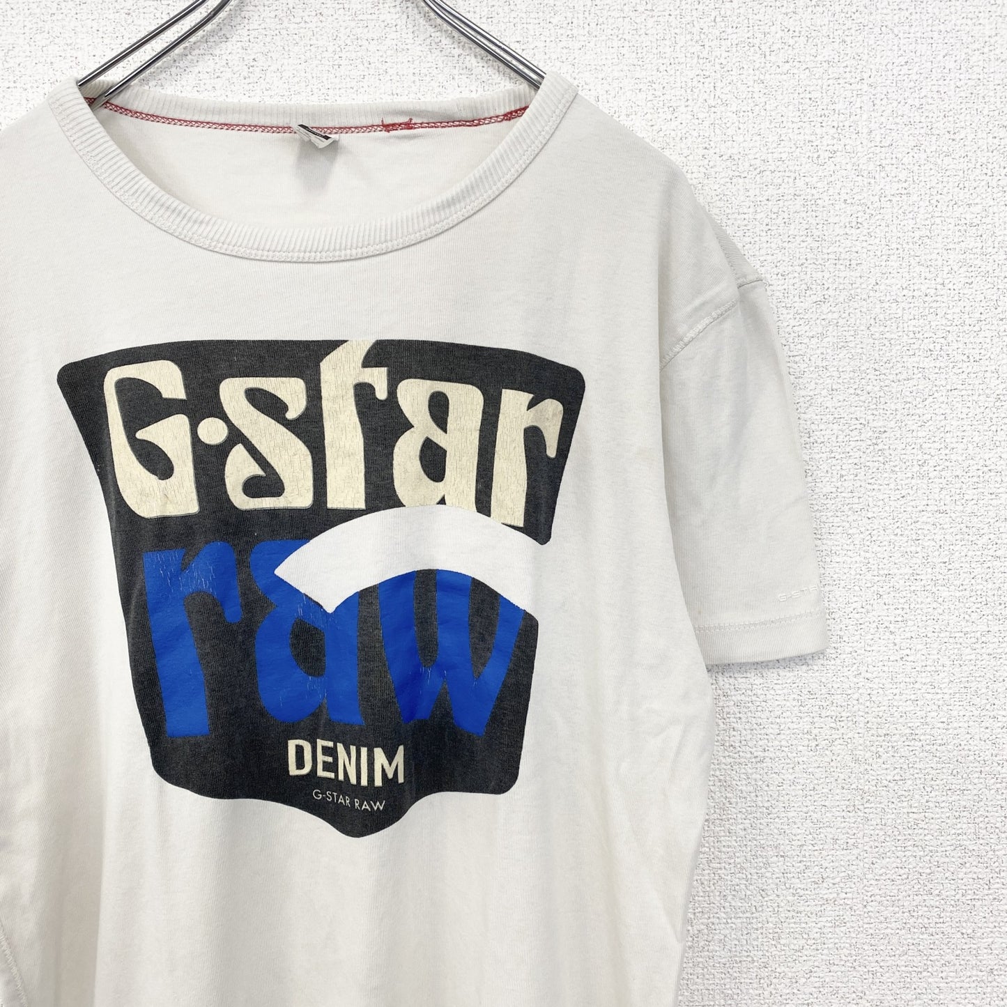 古着 used　G-STAR ROW　半袖ビッグロゴプリントTシャツ　クルーネック　春夏服　白　カジュアルデザイン　Lサイズ