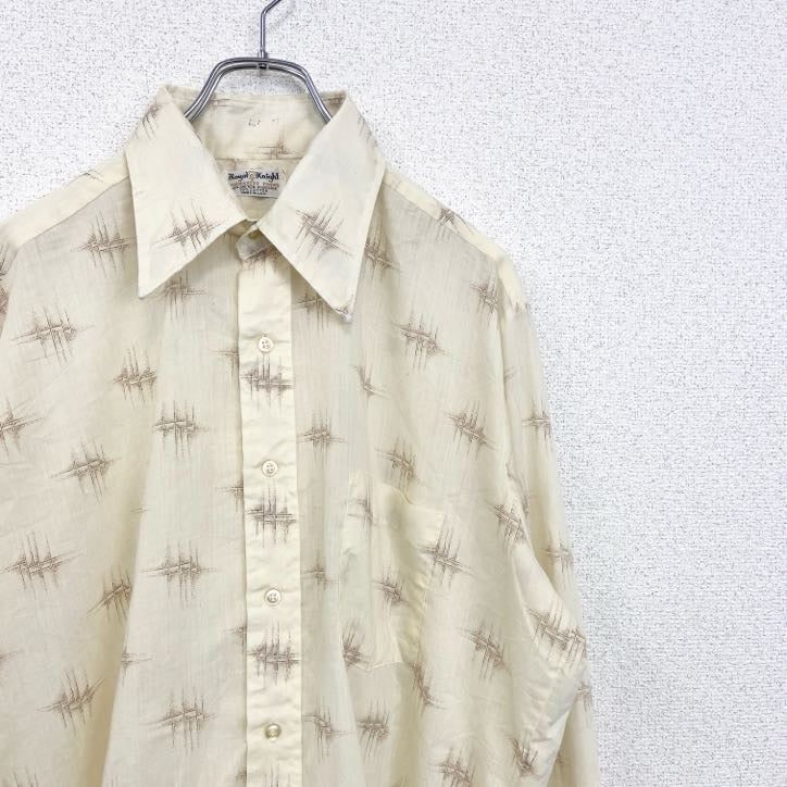 70s～　Royal Knight　長袖プリント総柄シャツ　ヴィンテージ　胸ポケット　ベージュ